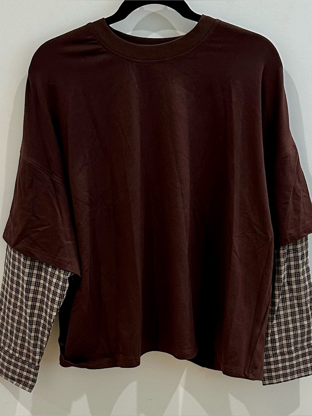 NWT Le Lis Plaid Checkered Contrast Sleeves Top Size M